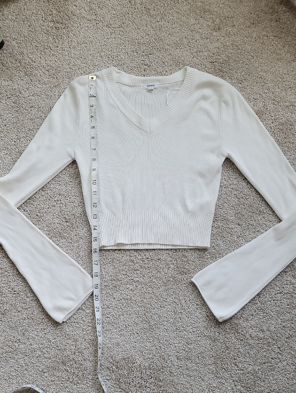 Garage White V-Neck Ribbed Crop Long Sleeve Top